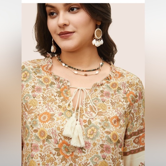 BloomChic Plus Size Rayon Boho Print Button Detail Tie Neck Blouse - Picture 3 of 6